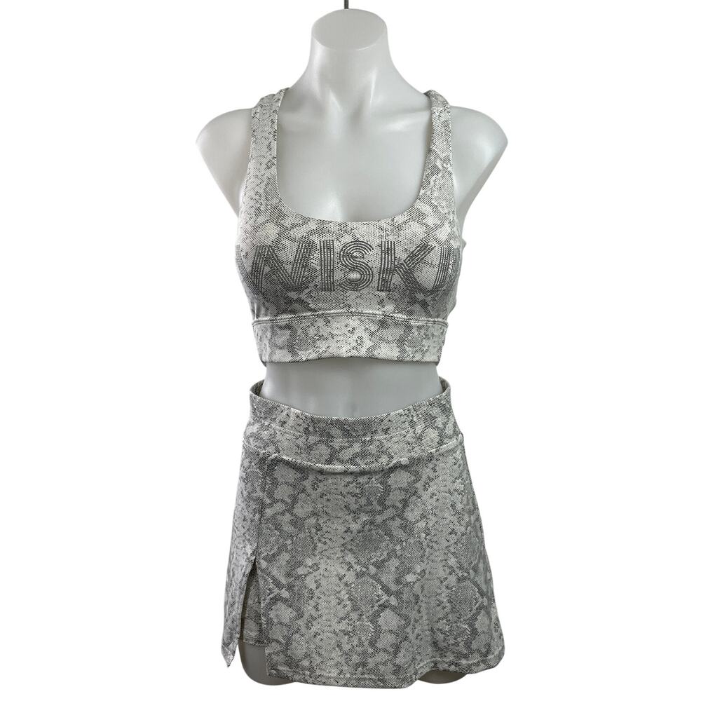 Wiskii Womens Gray Sleeveless Rhinestone Logo Crop Top and Mini Skirt Set Size S